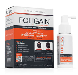 FOLIGAIN men’s 5% minoxidil and 5% TRIOXIDIL topical treatment, with box and spray bottle.