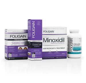 FOLIGAIN women’s hair care kit with shampoo, topical treatment, minoxidil and a hair supplement.