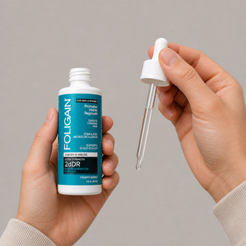 Hands holding an open FOLIGAIN 2dDR serum bottle and glass dropper.