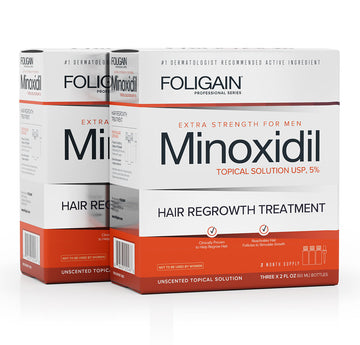 Two boxes of FOLIGAIN Men’s Minoxidil 5% Topical Solution.