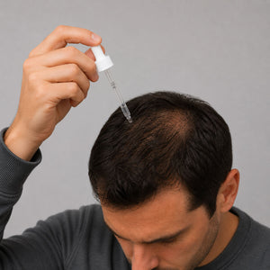 Man applying serum to the crown of his scalp with a glass dropper.