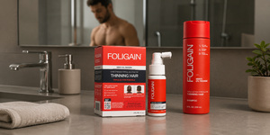 FOLIGAIN men’s TRIOXIDIL topical treatment and shampoo arranged on a bathroom counter.