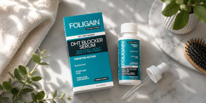 FOLIGAIN DHT serum box, bottle and dropper on a marble surface beside a hairbrush.