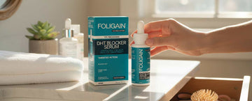 FOLIGAIN DHT serum bottle and box on a bathroom counter, with a hand holding the dropper cap.
