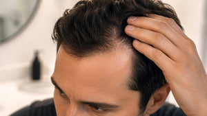 Man lifting his hair to examine a receding hairline.