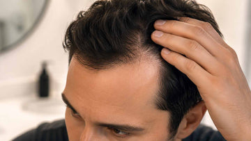 Man lifting his hair to examine a receding hairline.