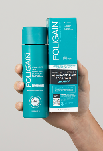 Hand holding FOLIGAIN Advanced Hair Regrowth Shampoo in a teal bottle beside its box.