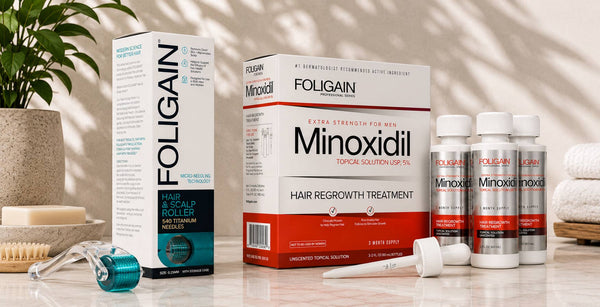 FOLIGAIN Hair & Scalp Roller beside a 5% minoxidil kit with bottles, box and dropper.