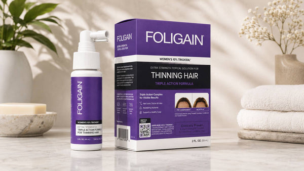 FOLIGAIN women’s 10% TRIOXIDIL topical treatment, bottle and box.