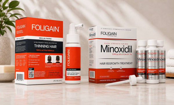 FOLIGAIN men’s 10% TRIOXIDIL topical treatment beside a 5% minoxidil kit.