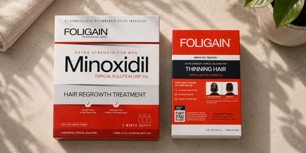 FOLIGAIN 5% minoxidil and men’s 10% TRIOXIDIL boxes on a bathroom counter.