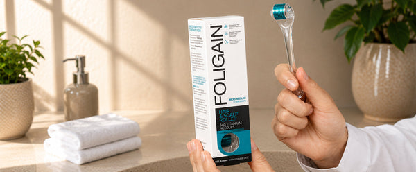 Hands holding FOLIGAIN Hair & Scalp Roller and its box.