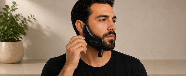 Man holding a FOLIGAIN beard shaping tool against his cheek.