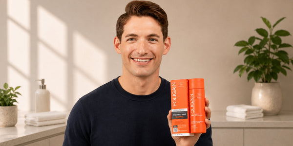 Man holding FOLIGAIN men’s Triple Action Shampoo with 2% TRIOXIDIL, bottle and box.