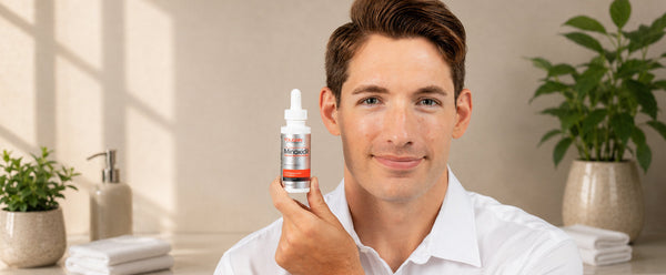 Man holding a FOLIGAIN minoxidil bottle with dropper.