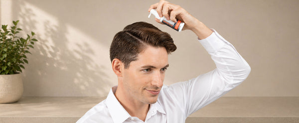 Man holding a FOLIGAIN topical spray applicator above his hair.