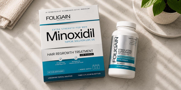 FOLIGAIN low-alcohol 5% minoxidil beside Stimulating Supplement, 120 caplets.