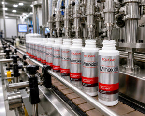 FOLIGAIN Minoxidil bottles on a manufacturing filling line